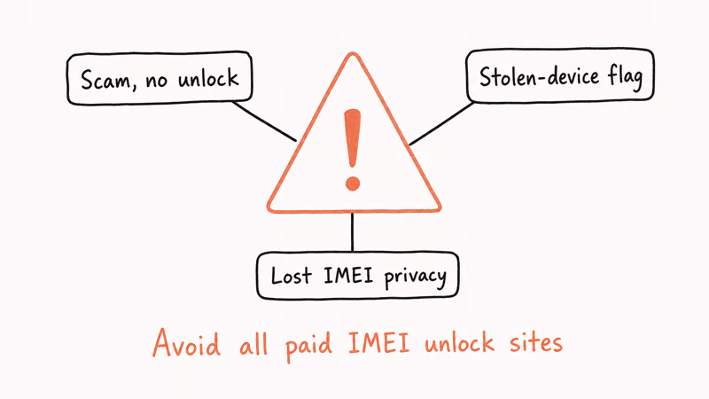 Coral warning triangle listing three risks of third-party iCloud IMEI unlock services scam stolen flag and privacy loss