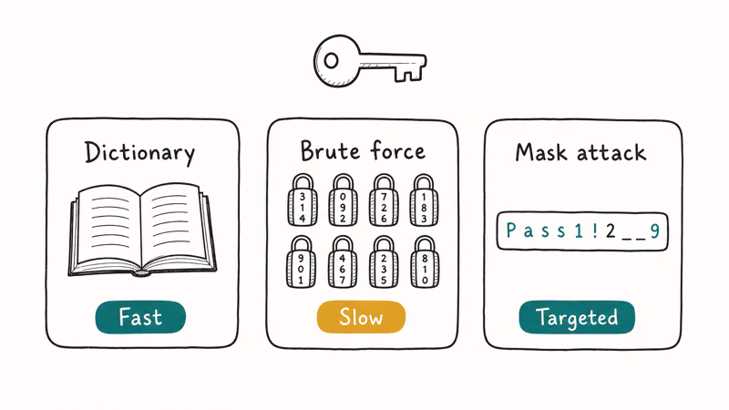 Three Excel password recovery methods including dictionary, brute force, and mask attack