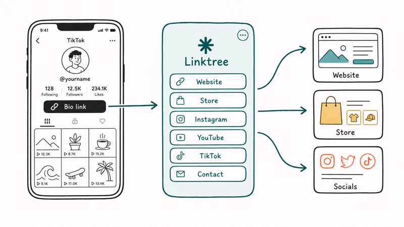 TikTok single bio link expanding through Linktree into website, store, and social links