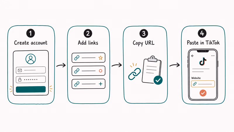 Four-stage flow to set up Linktree and paste its URL into the TikTok Website field