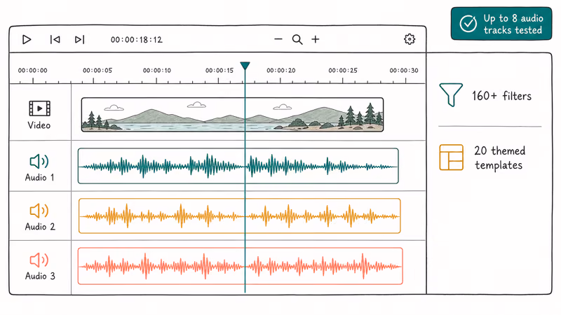 Filmora timeline editor showing three audio tracks with video track and filter sidebar