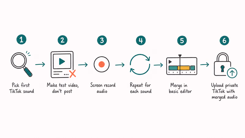 Six step screen recording workflow from picking sound through merging audio to private upload