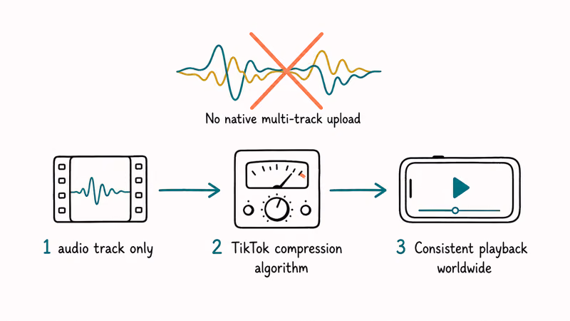 TikTok upload pipeline showing single audio track compression flow and no multi track support