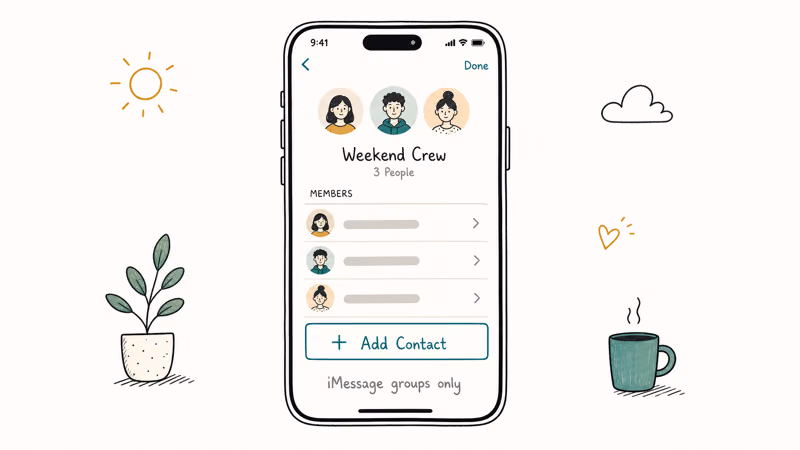 Hand-drawn iPhone Messages group details with Add Contact button highlighted and a new person icon to add someone