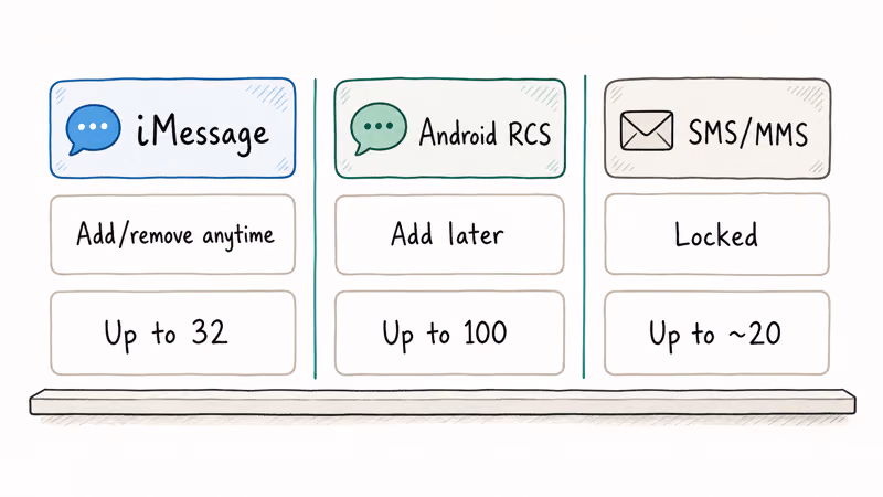 Hand-drawn three column table comparing iMessage Android RCS and SMS MMS group text limits for adding people and