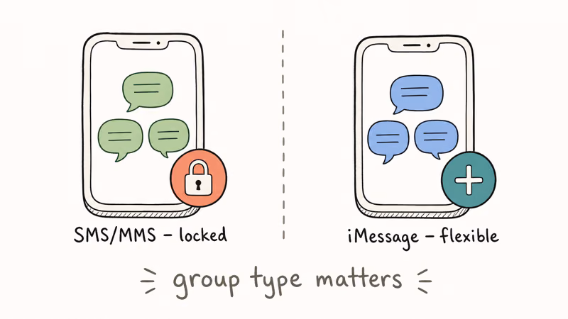 Hand-drawn split scene comparing locked green SMS group versus flexible blue iMessage group when adding people to a