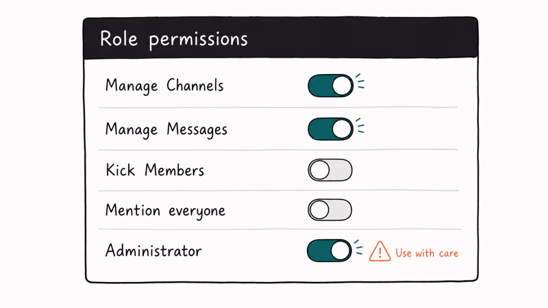 Discord role permission list with toggle switches and a warning on the Administrator toggle