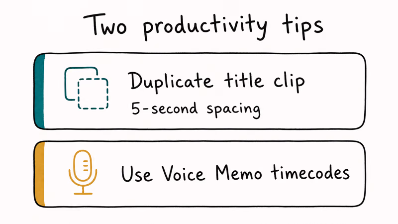 Two productivity tips for long iMovie subtitle projects duplicating title clips and using Voice Memo timecodes