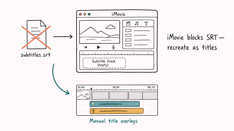 SRT subtitle file icon rejected by iMovie with a coral X and a workaround arrow pointing to manual