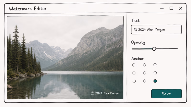 Lightroom Classic Watermark Editor showing a photo preview with text and opacity controls