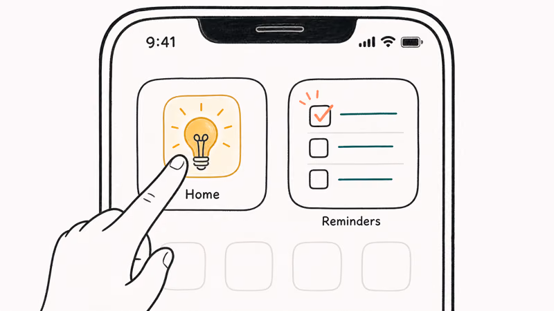 Finger tapping a Home Screen widget to toggle a light and check off a reminder