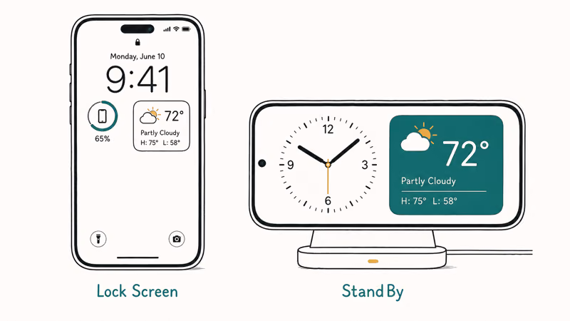 Lock Screen with small widgets beside a landscape iPhone showing StandBy widgets while charging