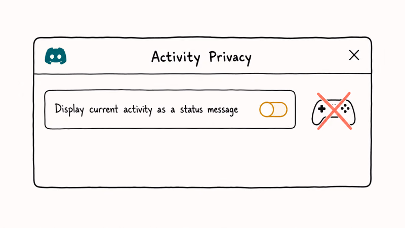 Discord Activity Privacy settings panel with the display current activity status message toggle switched off