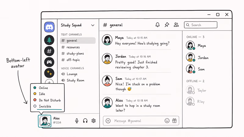 Discord desktop client with the avatar context menu open and the Invisible status option highlighted in teal