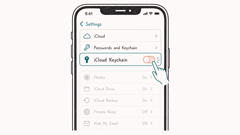 iCloud Keychain toggle switched off inside the iPhone Passwords and Keychain settings