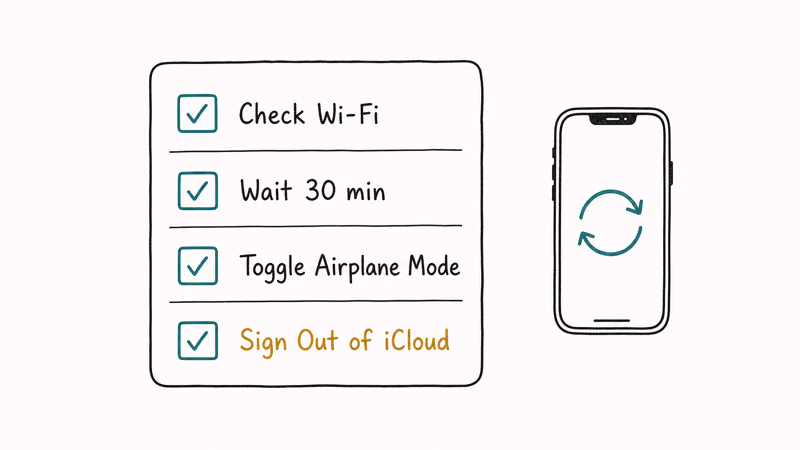 Checklist of recovery steps for an iPhone stuck syncing iCloud data after approval