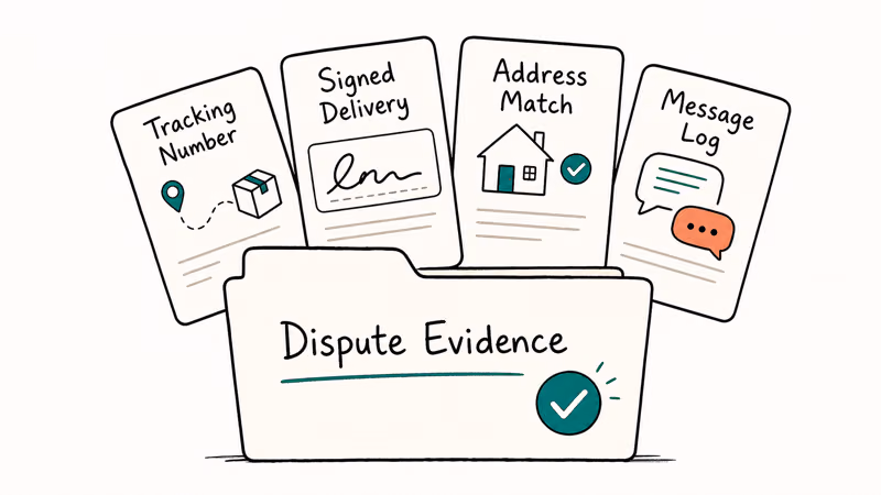 Seller evidence folder with tracking, signed delivery proof, and message logs for a dispute