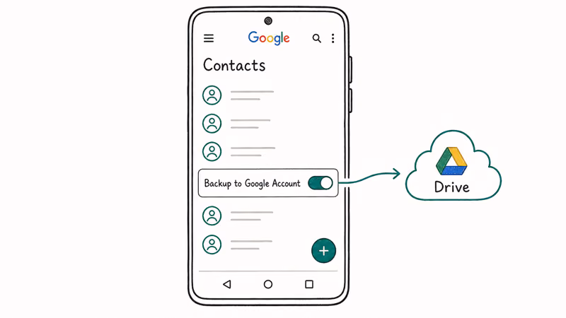 Hand-drawn Android contacts screen with the Google backup toggle enabled and a Drive cloud target