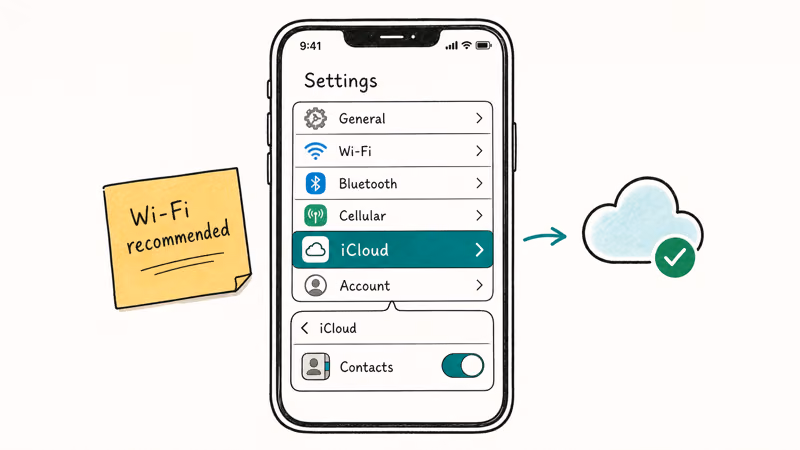 Hand-drawn iPhone settings showing iCloud contacts toggled on with a Wi-Fi recommended note