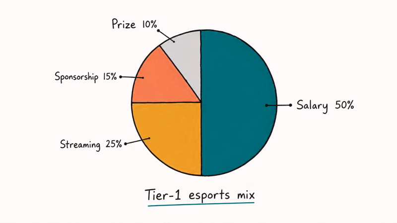Hand-drawn pie chart breaking down pro gamer earnings across salary streaming sponsorship and prize money
