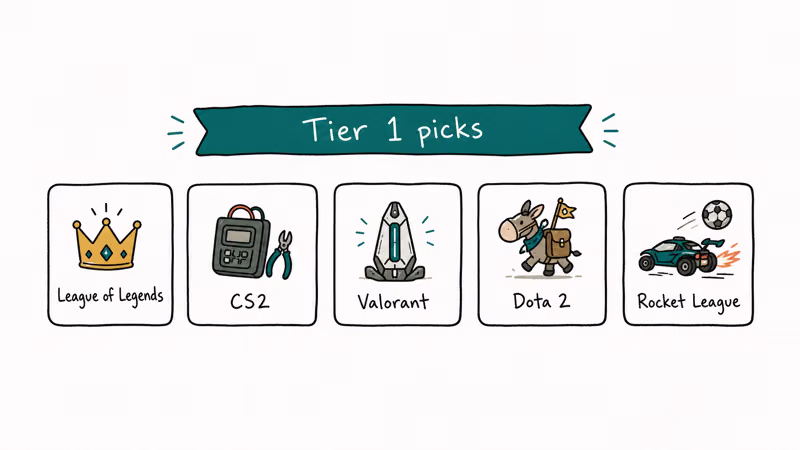 Hand-drawn row of five tier-one esports League CS2 Valorant Dota and Rocket League with small icons