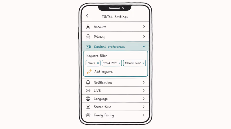 Hand-drawn TikTok content preferences screen with three keyword filter chips and an add-keyword pencil icon