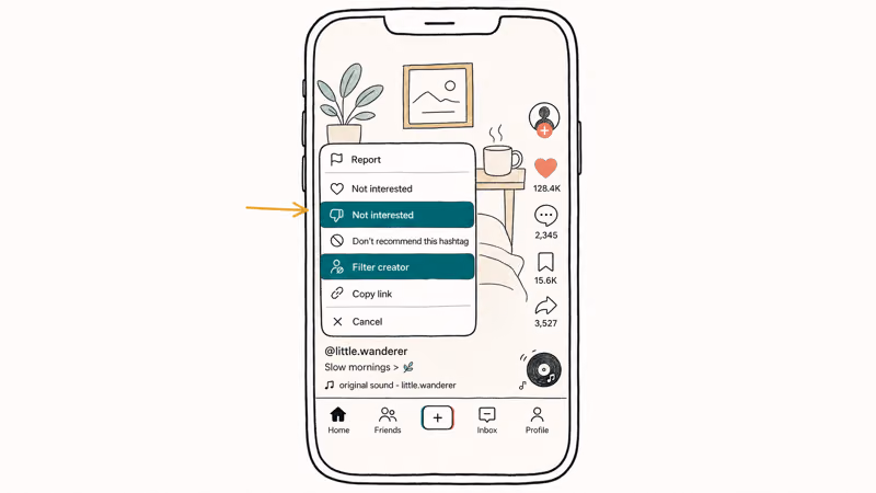 Hand-drawn TikTok video screen showing the long-press menu with Not interested and Filter creator highlighted