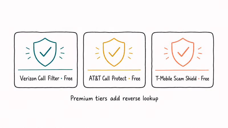 Three hand-drawn carrier filter cards Verizon Call Filter, AT and T Call Protect, T-Mobile Scam Shield with shield