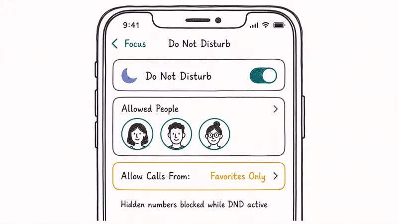 Hand-drawn iPhone Focus Do Not Disturb screen showing allowed contacts and calls limited to Favorites Only.