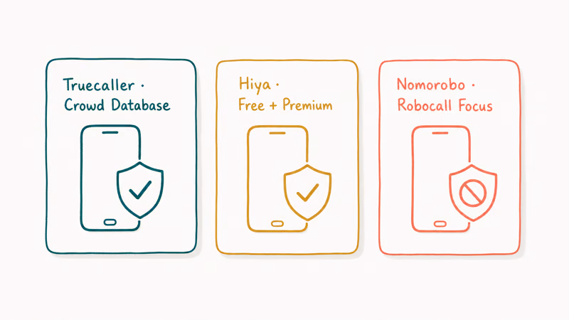 Three hand-drawn app cards comparing Truecaller, Hiya, and Nomorobo third-party call-blocking apps with shield icons.