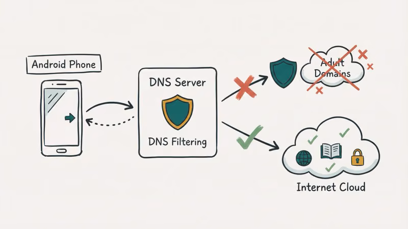 DNS filtering diagram showing Android phone request blocked at DNS server level