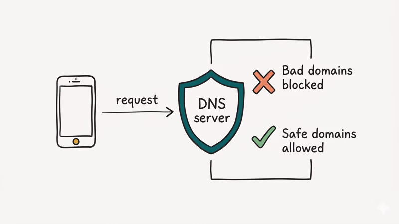DNS filtering diagram showing blocked bad domains and allowed safe domains