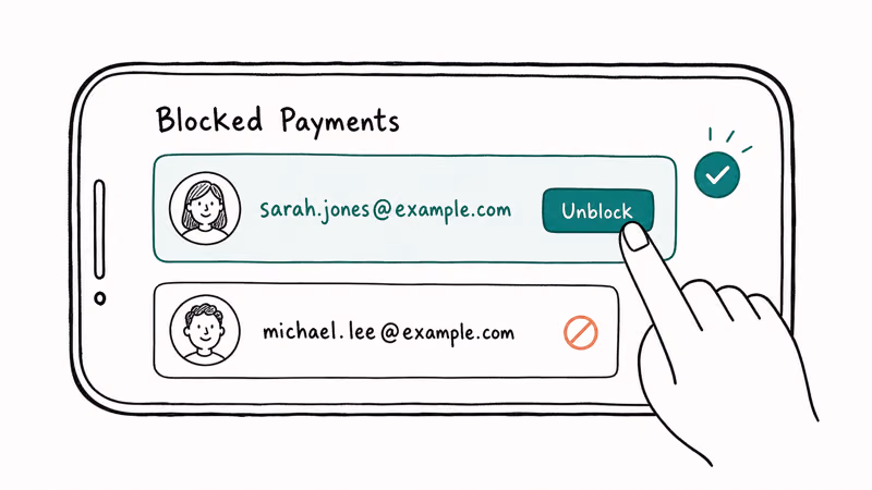 Tapping unblock next to a contact in the PayPal blocked payments list