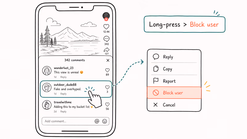 TikTok comment with long press finger icon and Block user option highlighted in popup