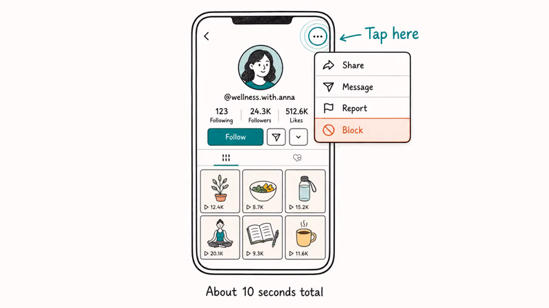 TikTok user profile page with three dot menu highlighted and Block option shown in popup