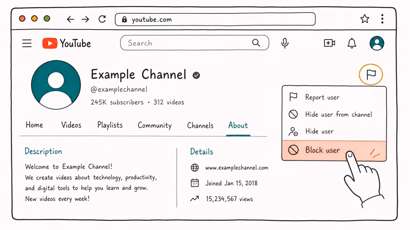 YouTube desktop channel About tab showing the flag icon and block user menu