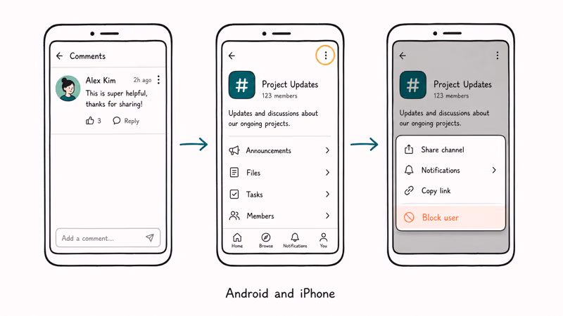 YouTube mobile app flow from a comment to the three-dot block user option