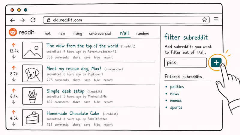 Old Reddit r/all sidebar filter box with a subreddit name being added