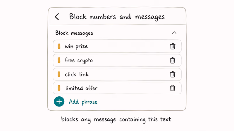 Samsung Messages keyword block list showing four blocked phrases with add phrase button and delete icons