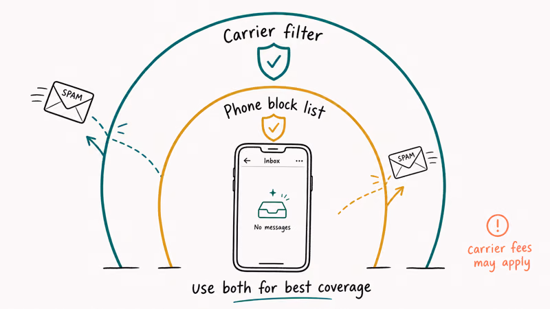 Two layer defense diagram with carrier filter shield and phone block list shield protecting Samsung phone