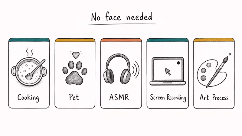Five faceless TikTok niches lineup featuring cooking, pet, ASMR, screen recording, and art