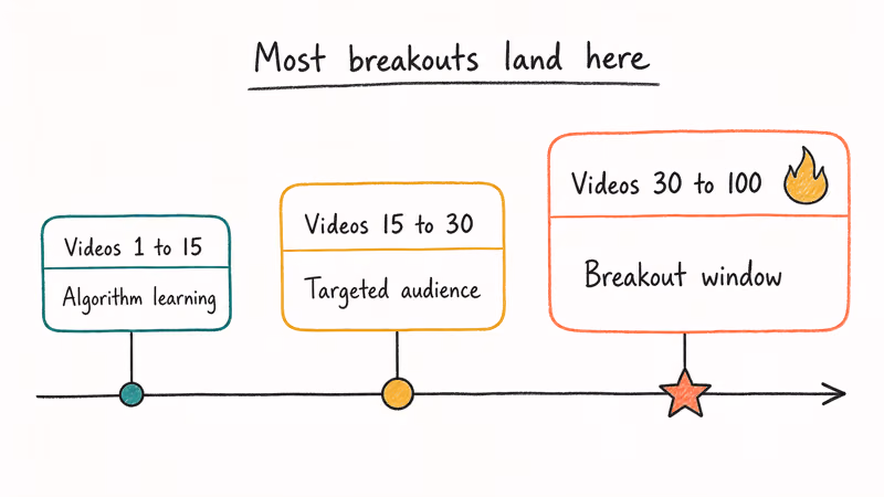 Timeline showing TikTok growth from algorithm training to targeted audience to breakout window