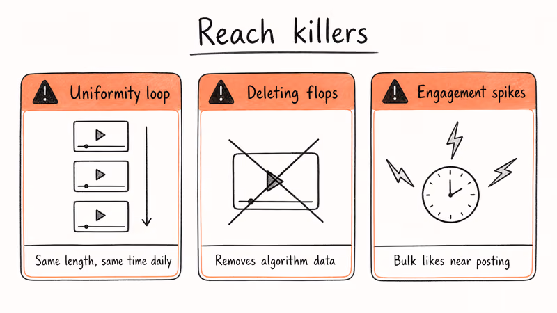 Three warning cards covering uniformity loops, deleting flops, and engagement spikes on TikTok