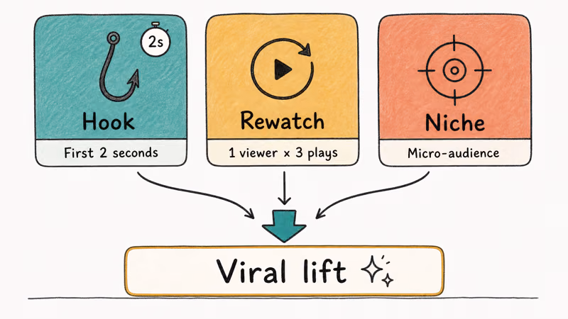 Framework showing how hook, rewatch, and niche focus converge into TikTok viral lift
