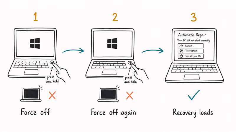 Three interrupted Windows 11 boots using the power button that trigger the Automatic Repair recovery menu