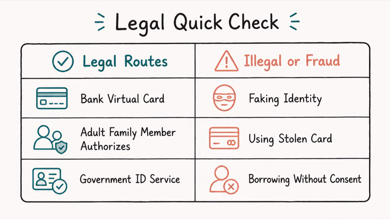 Two-column quick check comparing legal age verification routes with fraudulent or unauthorized actions