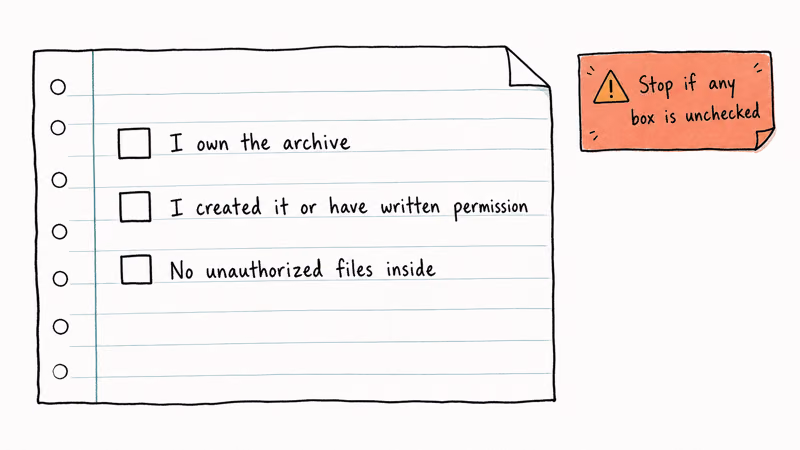 Three-box legality checklist for legal WinRAR password recovery on your own archive with a coral warning to stop