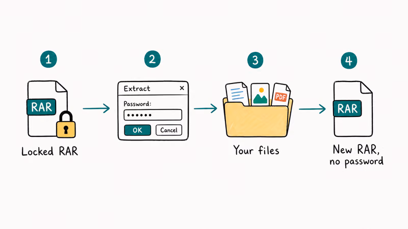 Re-archive flow extracting a known-password RAR then creating a fresh RAR archive without a password from the same