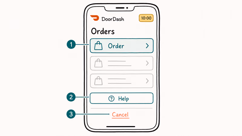 Hand-drawn DoorDash app screen with three numbered tap targets for canceling an order from Orders tab