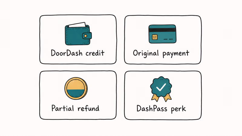 Hand-drawn grid of four DoorDash refund types including credit original payment partial and DashPass perk